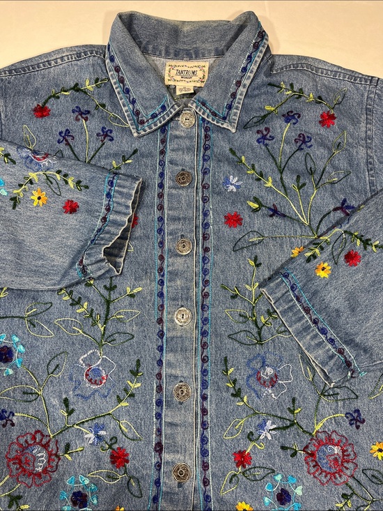 Tantrums Jackets & Blazers - Tantrums Woman 2X Embroidered Denim Jacket Floral Button Front Cottagecore